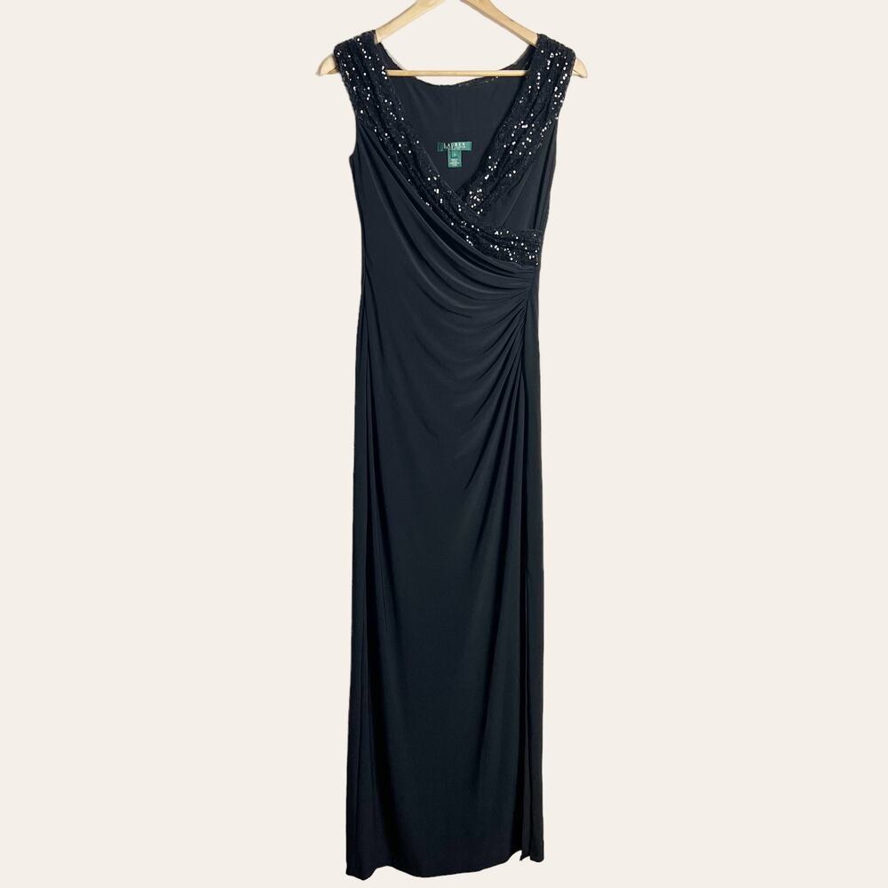 Lauren Ralph Lauren Black Sequin Embellished Surplice Faux Wrap Evening Gown 4